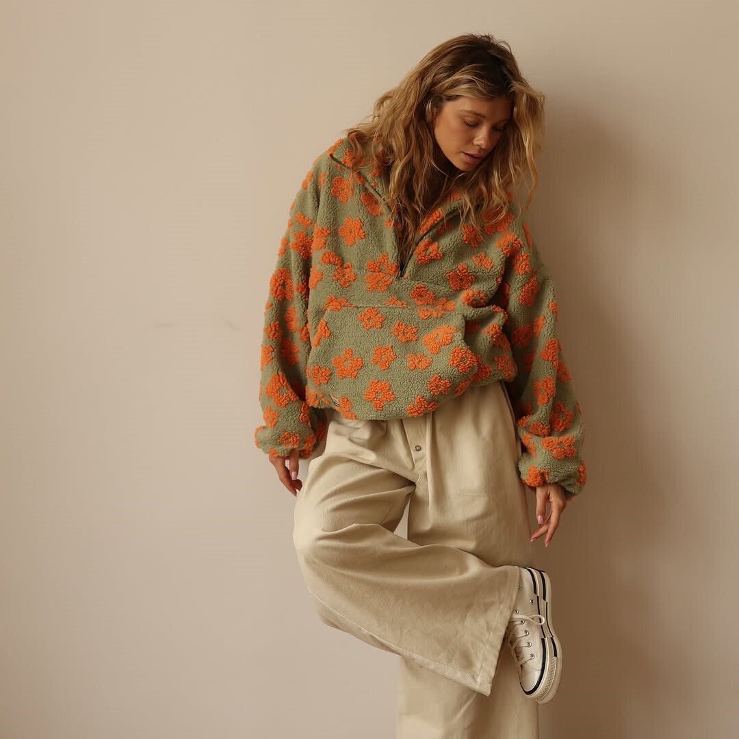 Oversized Floral Teddy Fleece Jacket with Half Zip