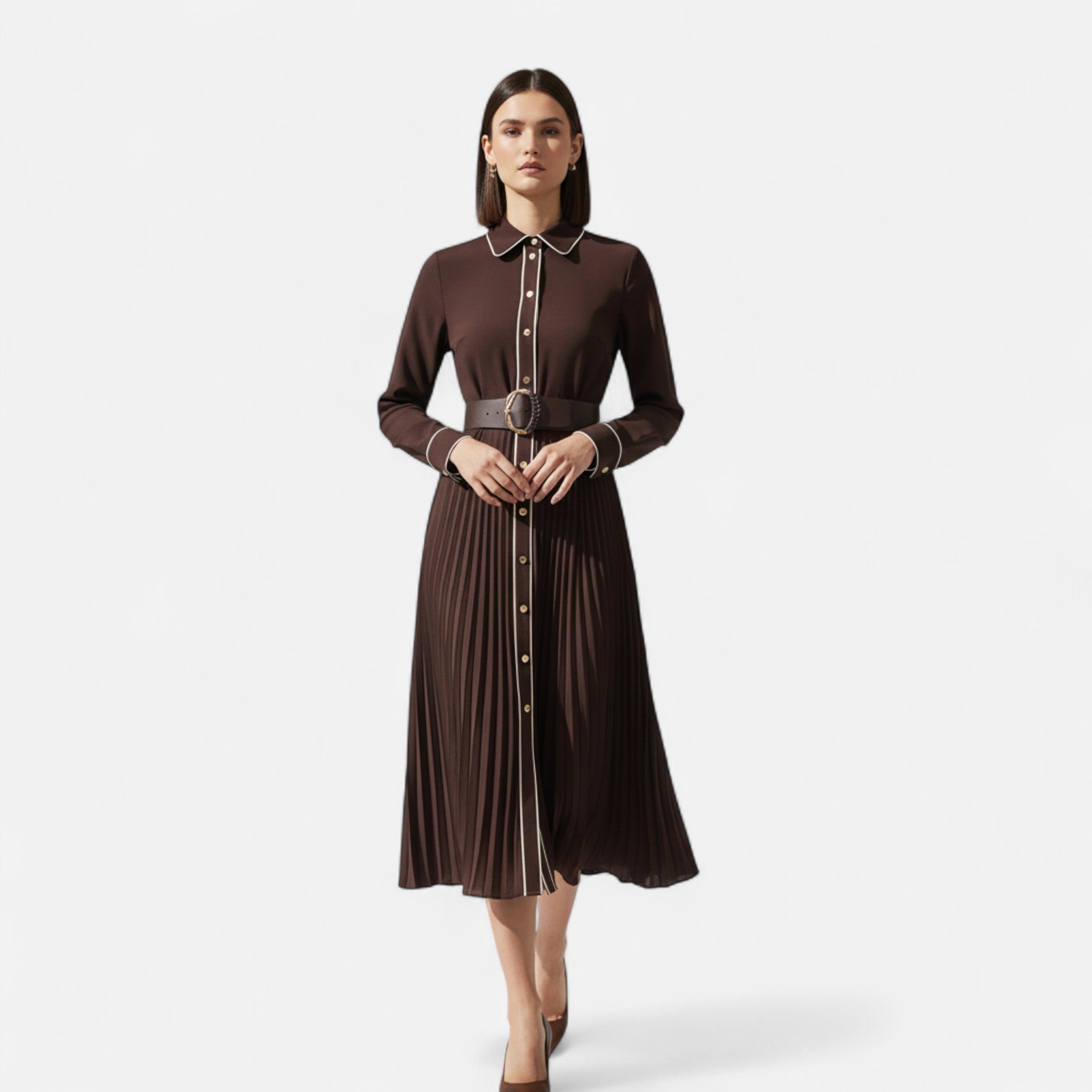 Roselains | Women’s Chiffon Midi Dress – Turn-Down Collar Elegance