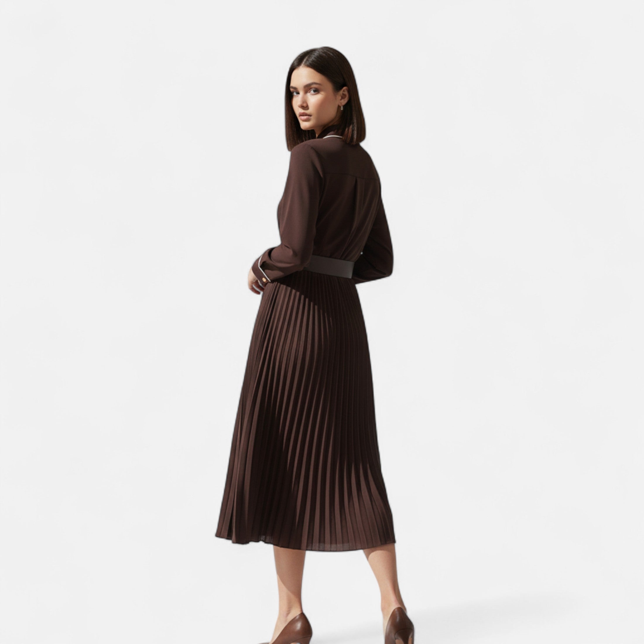 Roselains | Women’s Chiffon Midi Dress – Turn-Down Collar Elegance