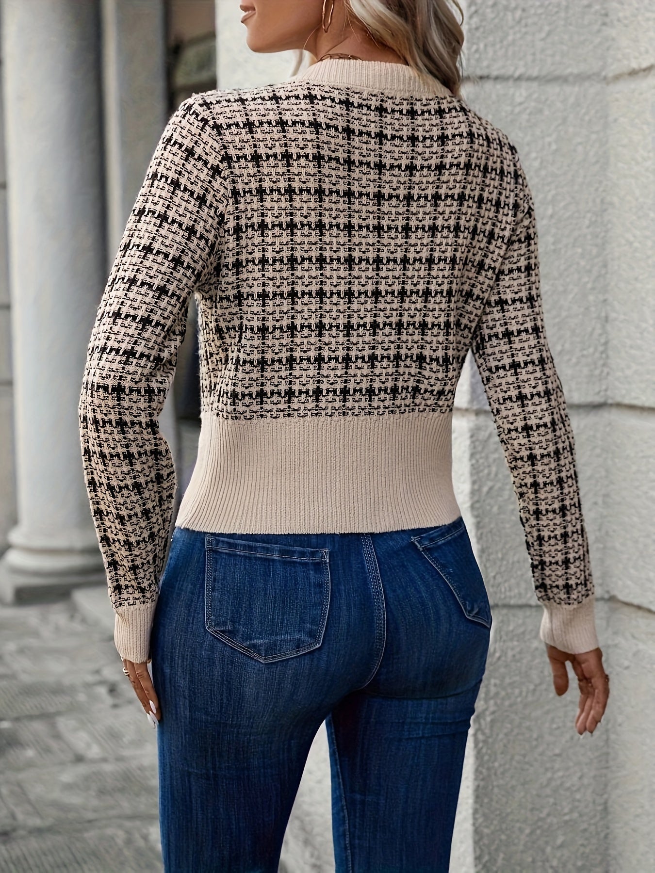 Houndstooth Knit Cardigan with Gold Buttons and Chest Pockets