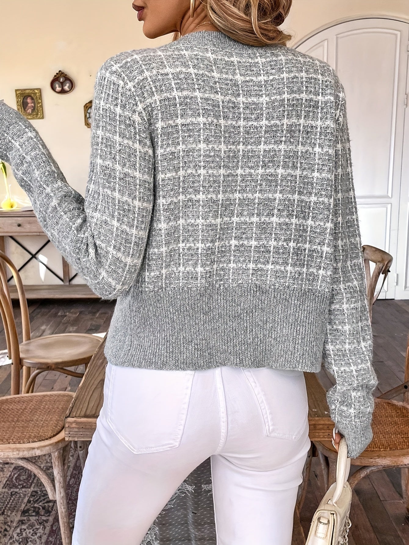 Houndstooth Knit Cardigan with Gold Buttons and Chest Pockets