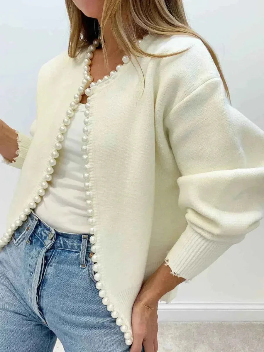 Ivory Open Front Cardigan with Pearl Trim Detail