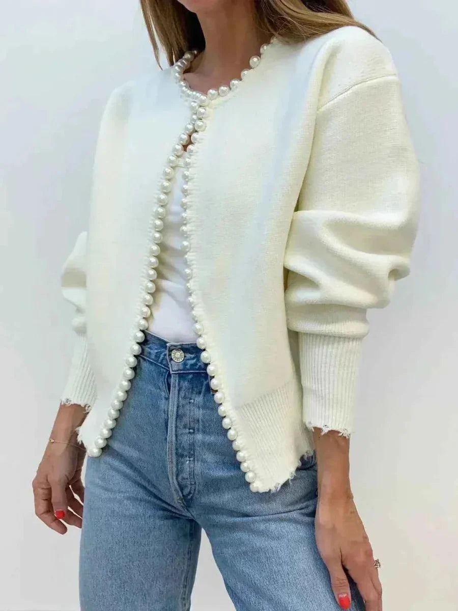 Ivory Open Front Cardigan with Pearl Trim Detail