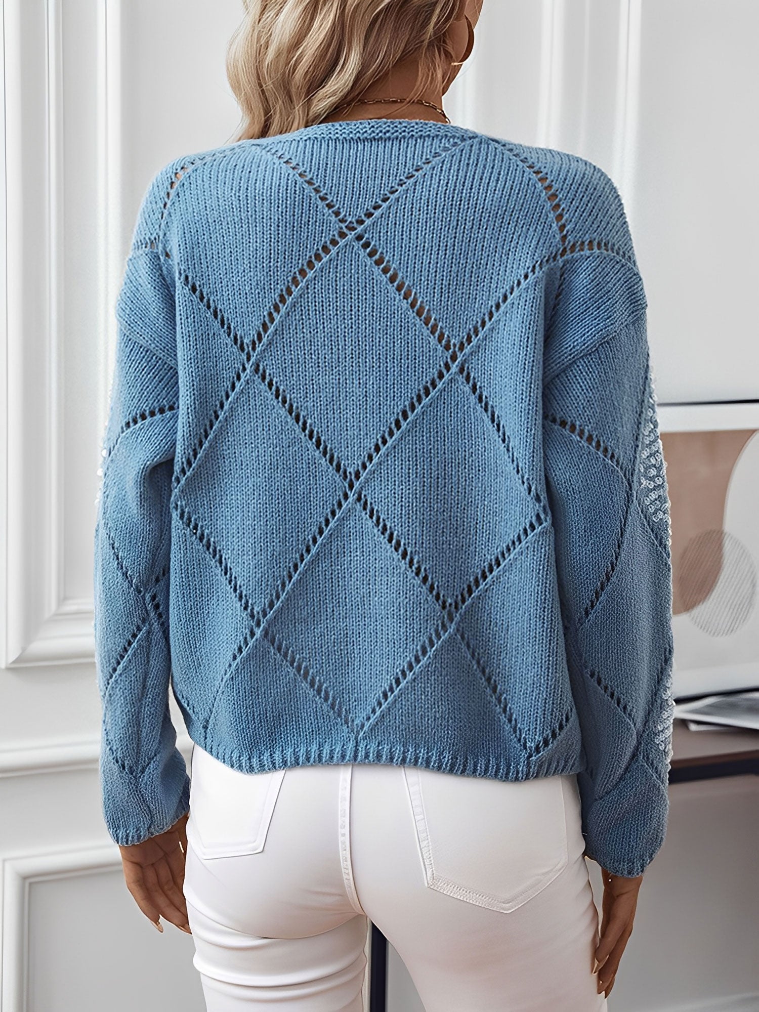 Soft Knit Sweater with Diamond Pattern and Sequin Detail