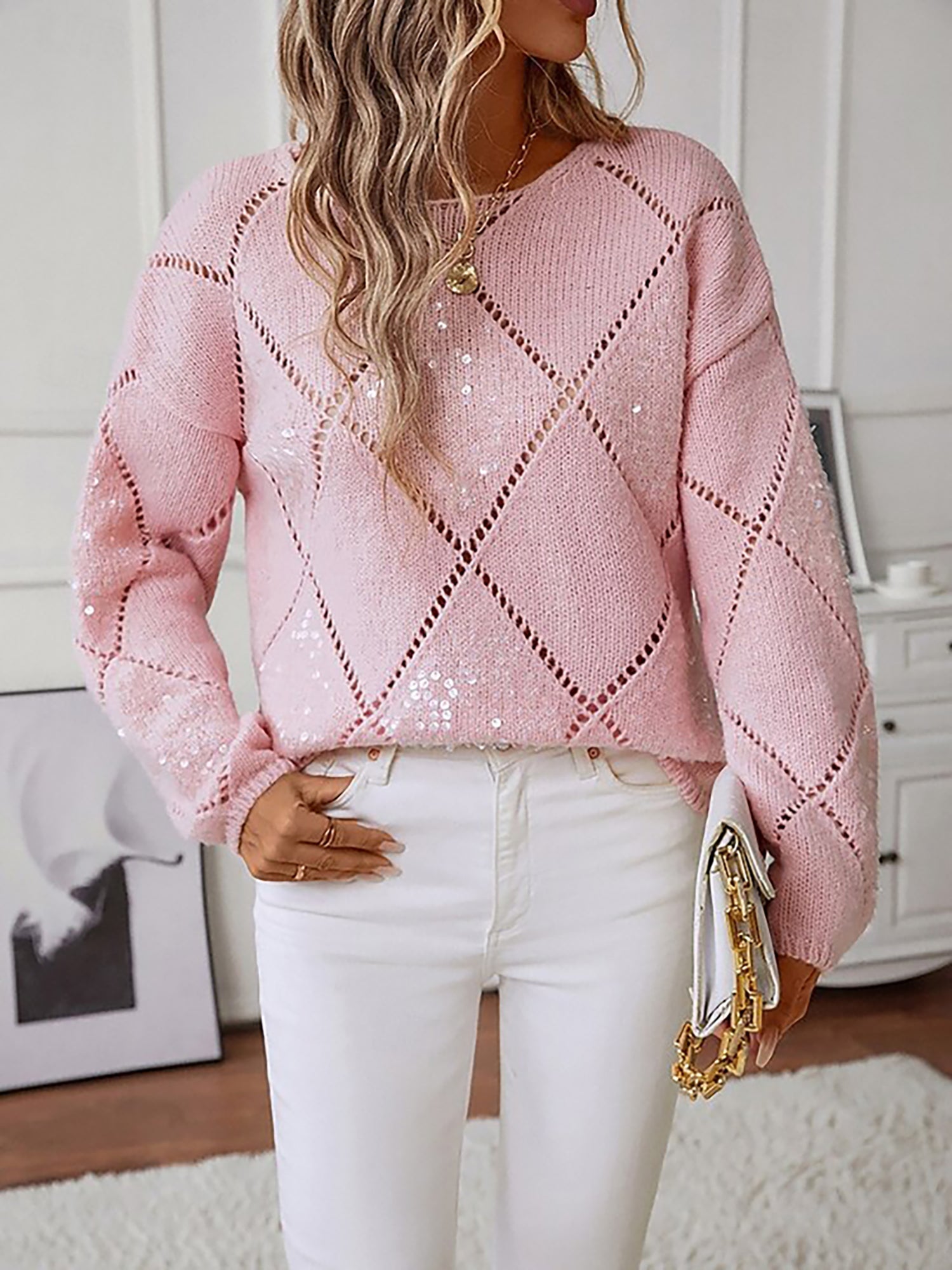 Soft Knit Sweater with Diamond Pattern and Sequin Detail