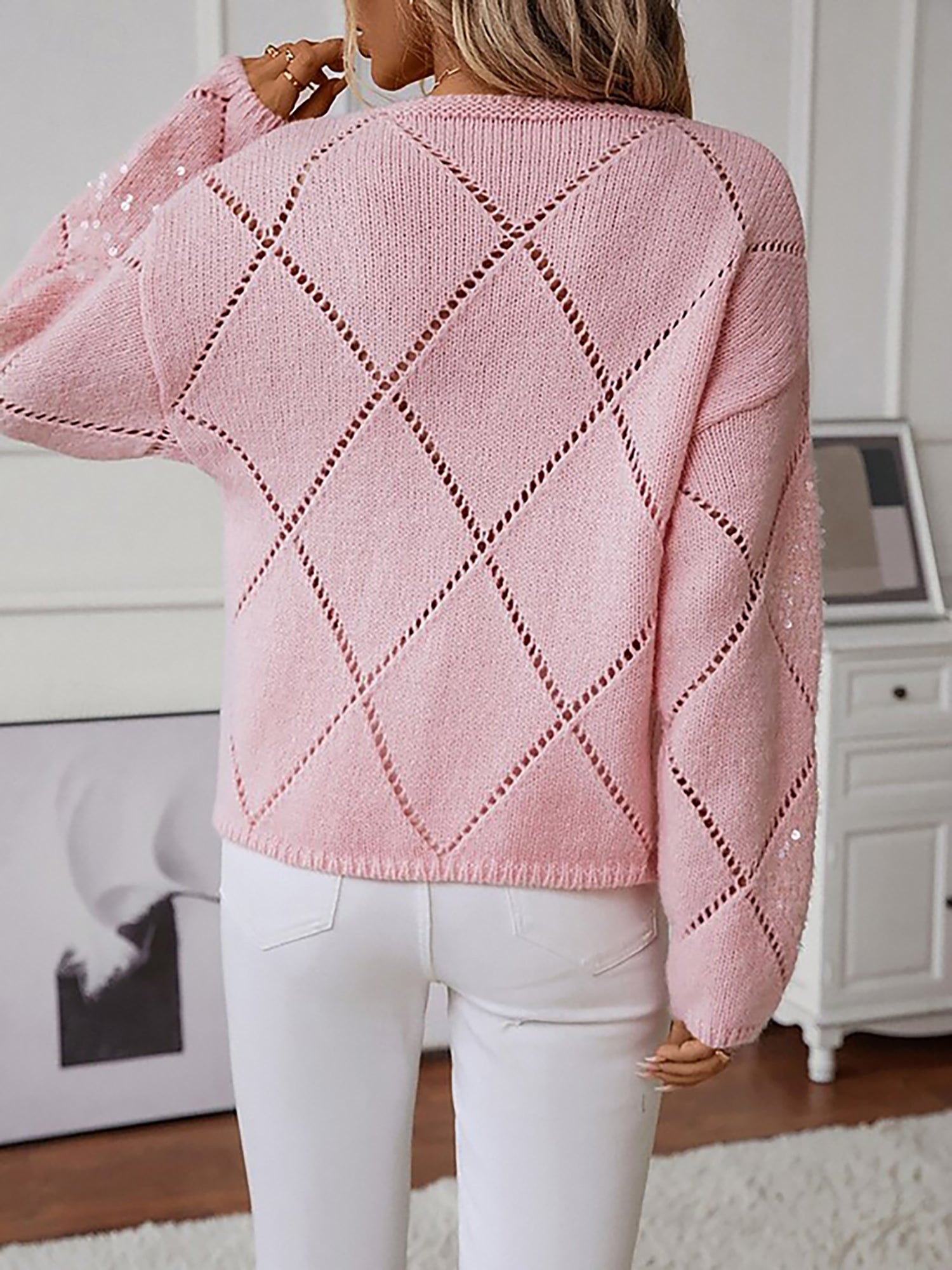 Soft Knit Sweater with Diamond Pattern and Sequin Detail