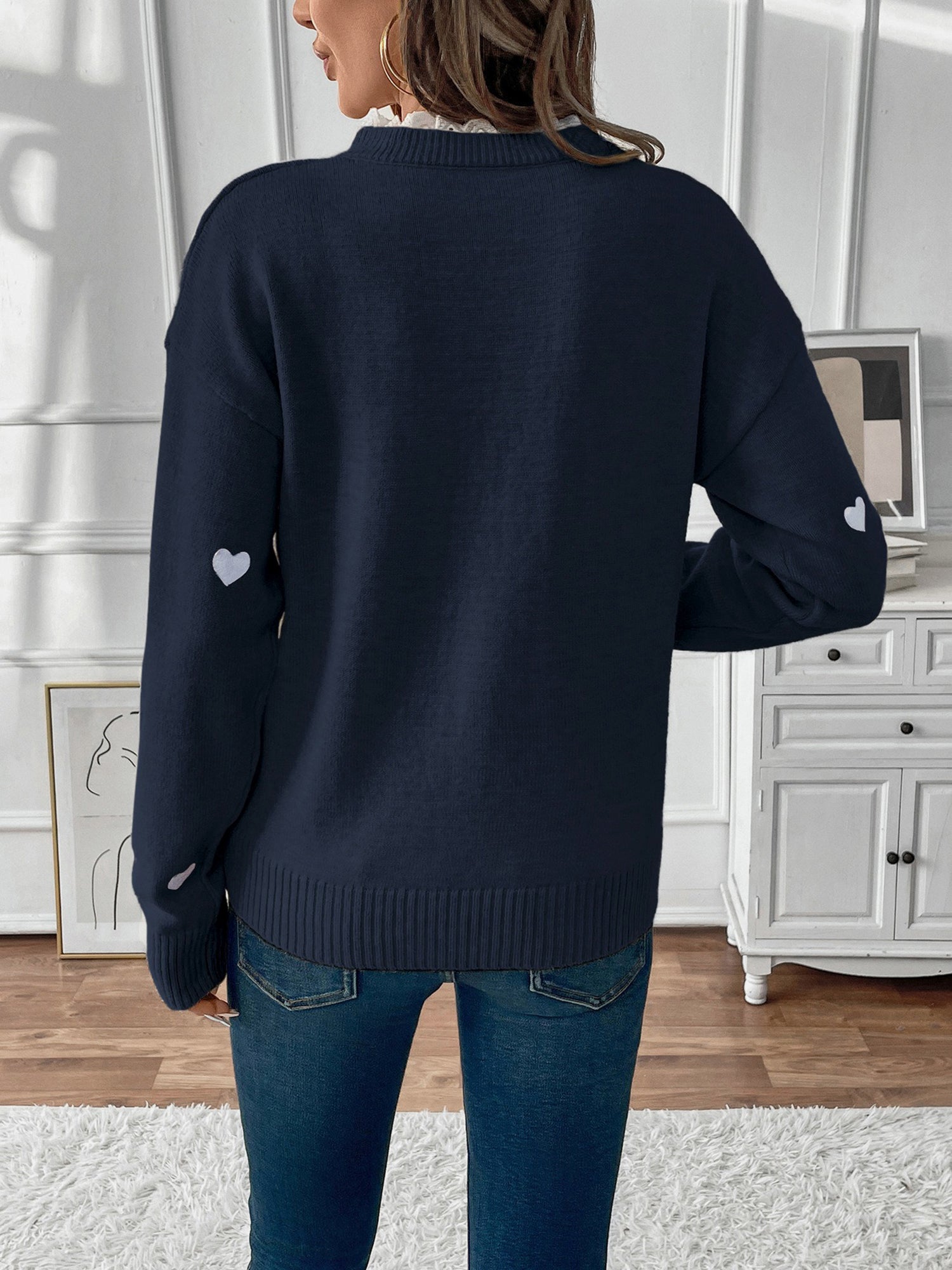 Knit Sweater with Heart Print and Lace Trim V-Neckline