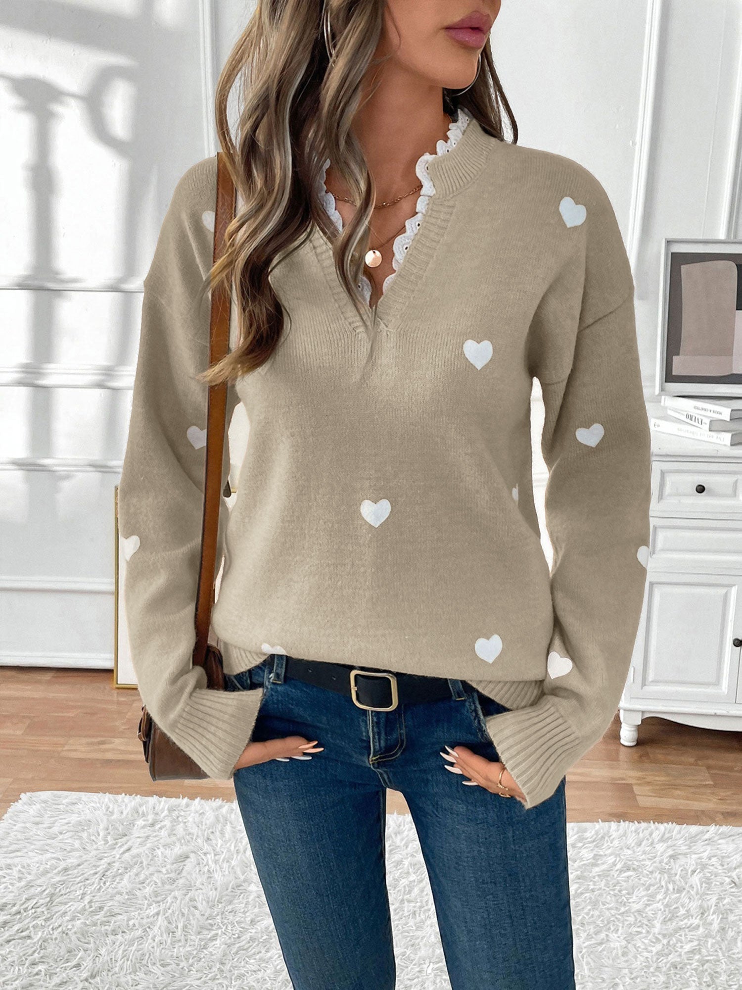 Knit Sweater with Heart Print and Lace Trim V-Neckline