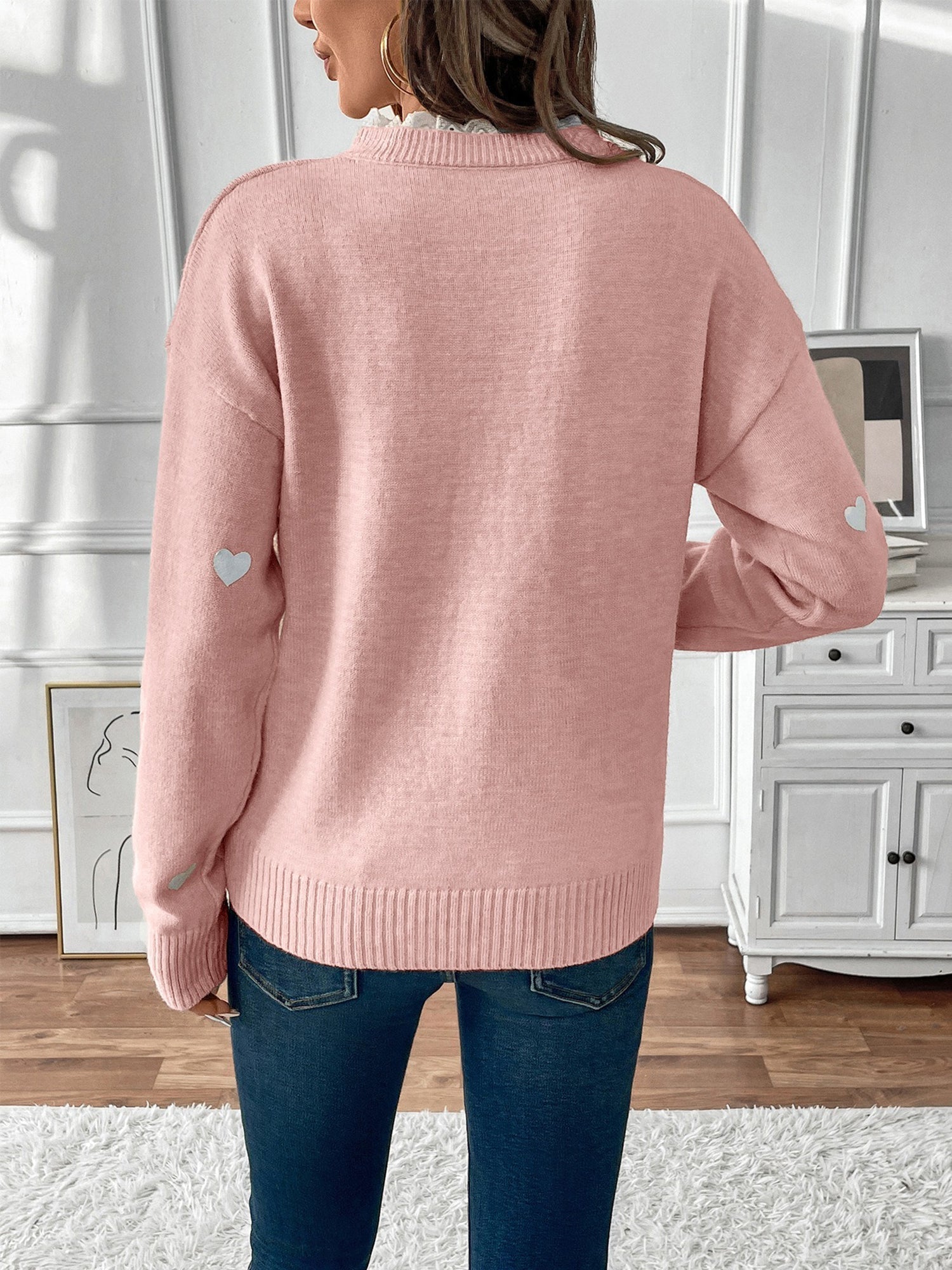 Knit Sweater with Heart Print and Lace Trim V-Neckline