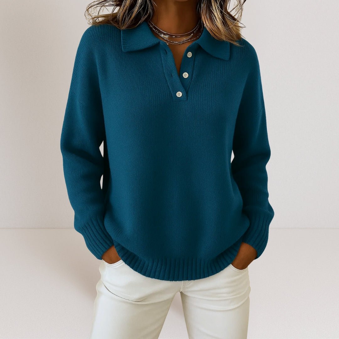 Knit Sweater with Polo Collar and Button Placket