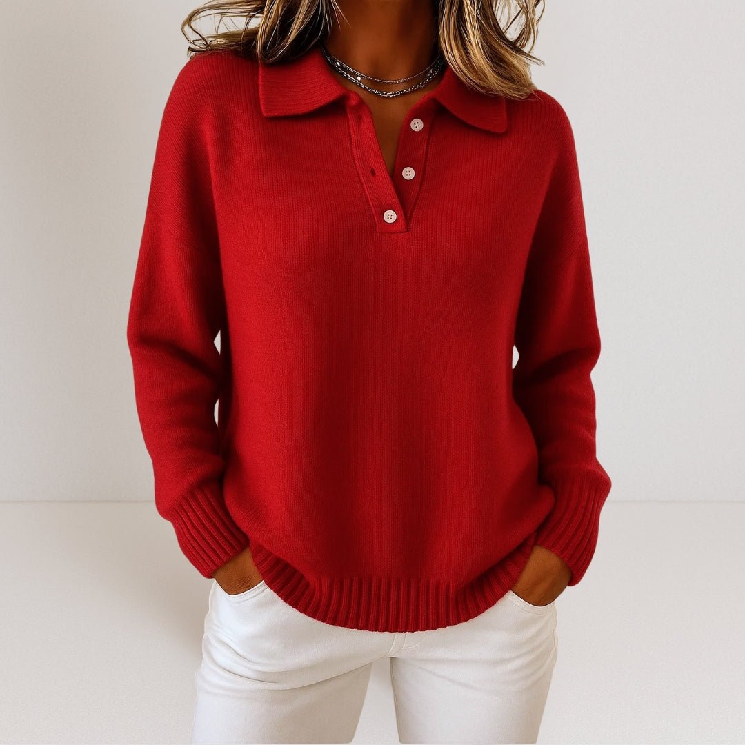 Knit Sweater with Polo Collar and Button Placket