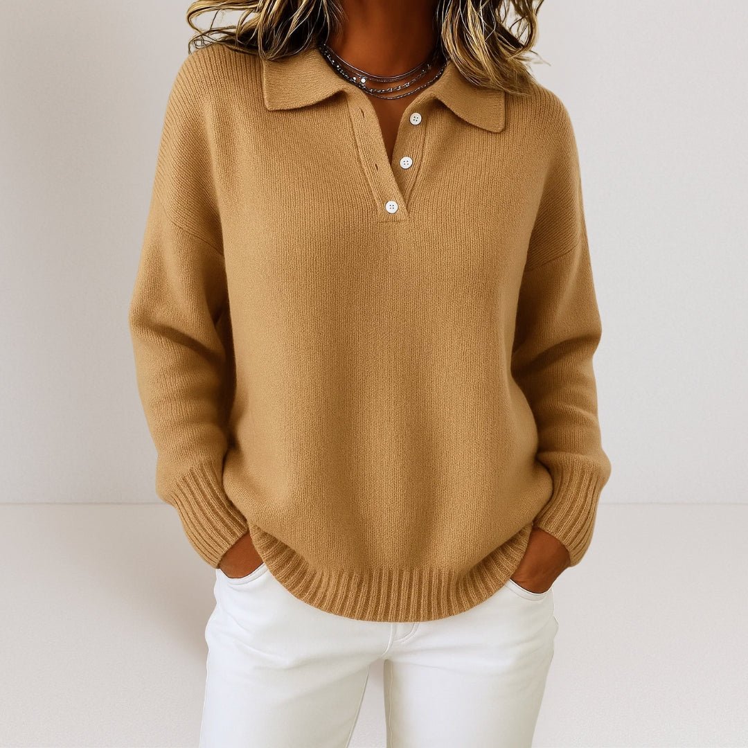 Knit Sweater with Polo Collar and Button Placket