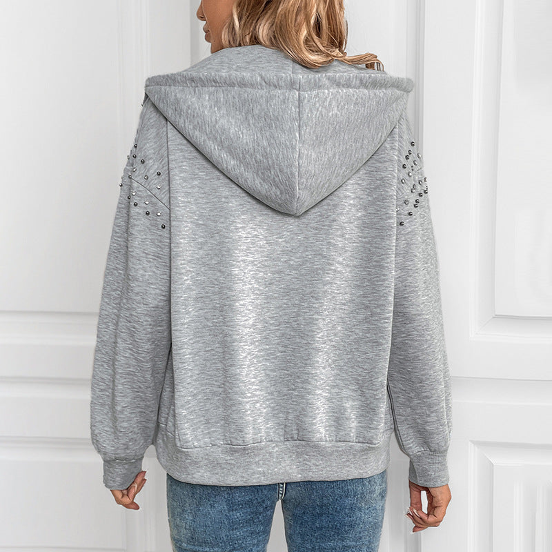 Light Grey Zip Up Hoodie with Studded Shoulder Detail