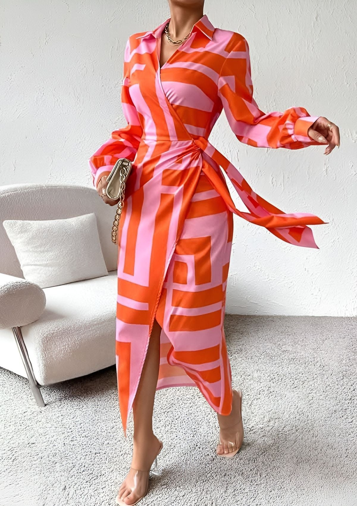 Shirt Dress for Women with Tie Waist Belt and Print
