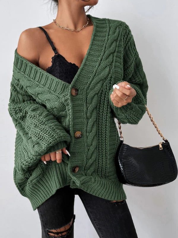 Oversized Chunky Cable Knit Cardigan with Balloon Sleeves
