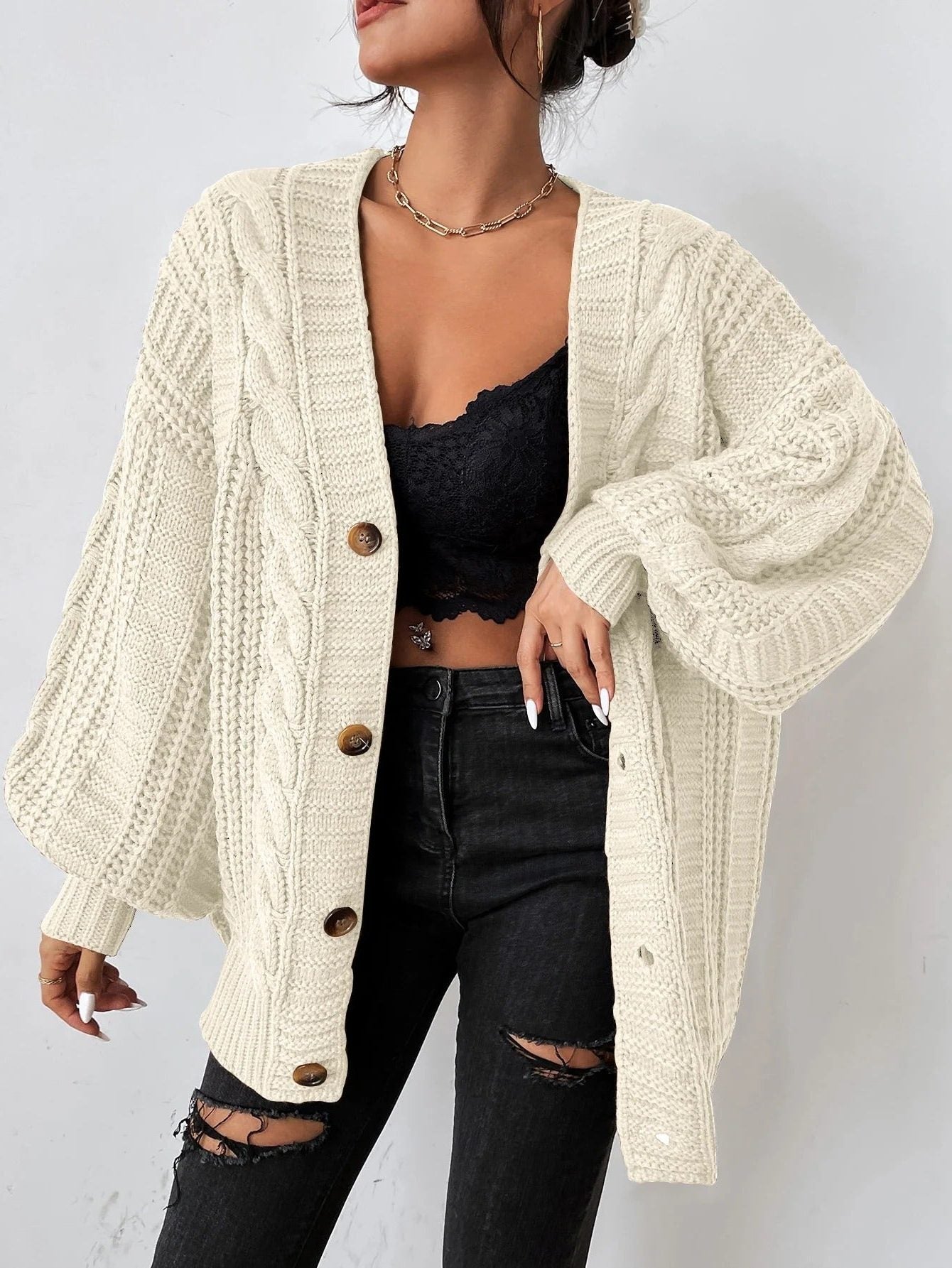 Oversized Chunky Cable Knit Cardigan with Balloon Sleeves