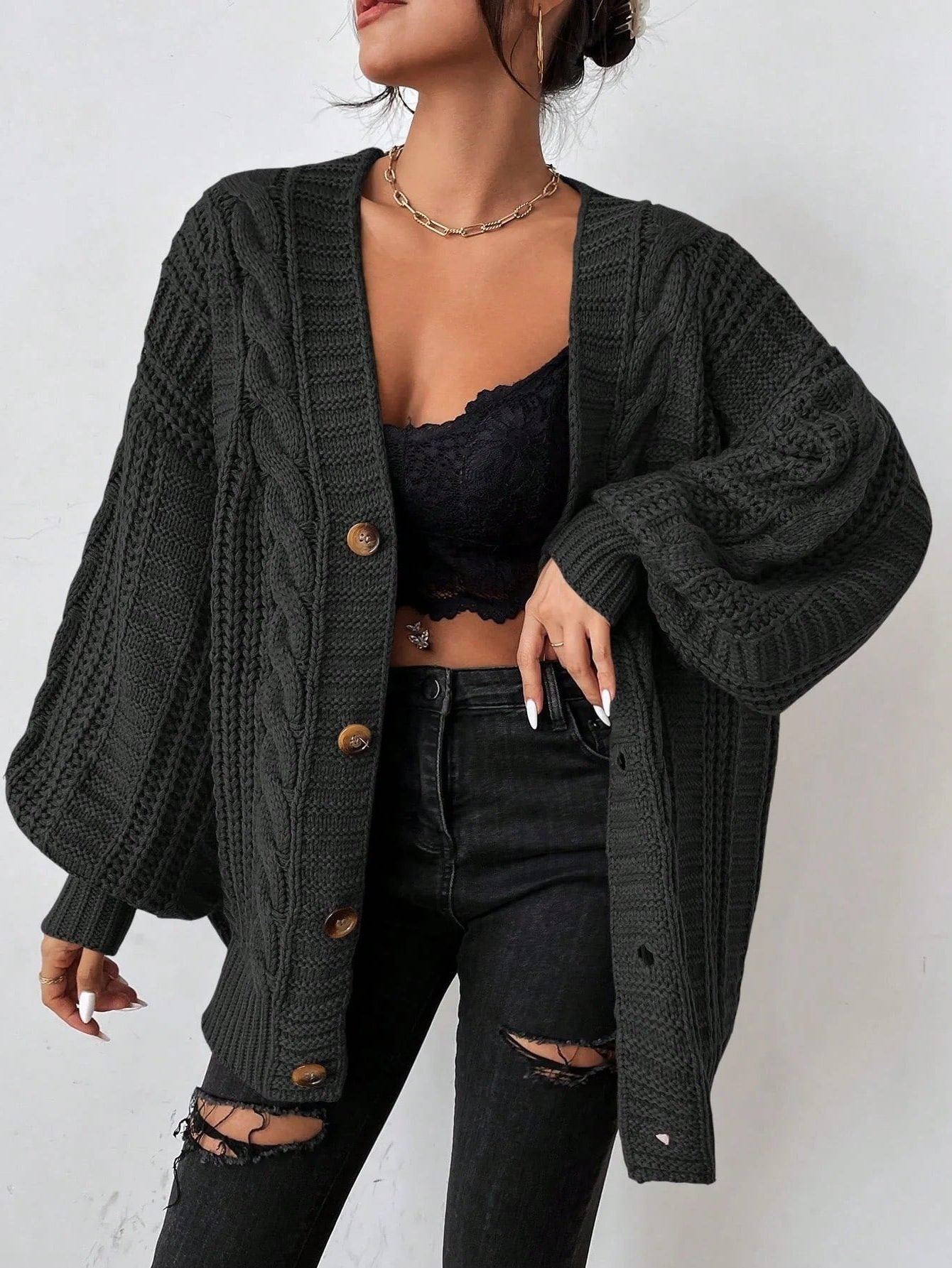 Oversized Chunky Cable Knit Cardigan with Balloon Sleeves