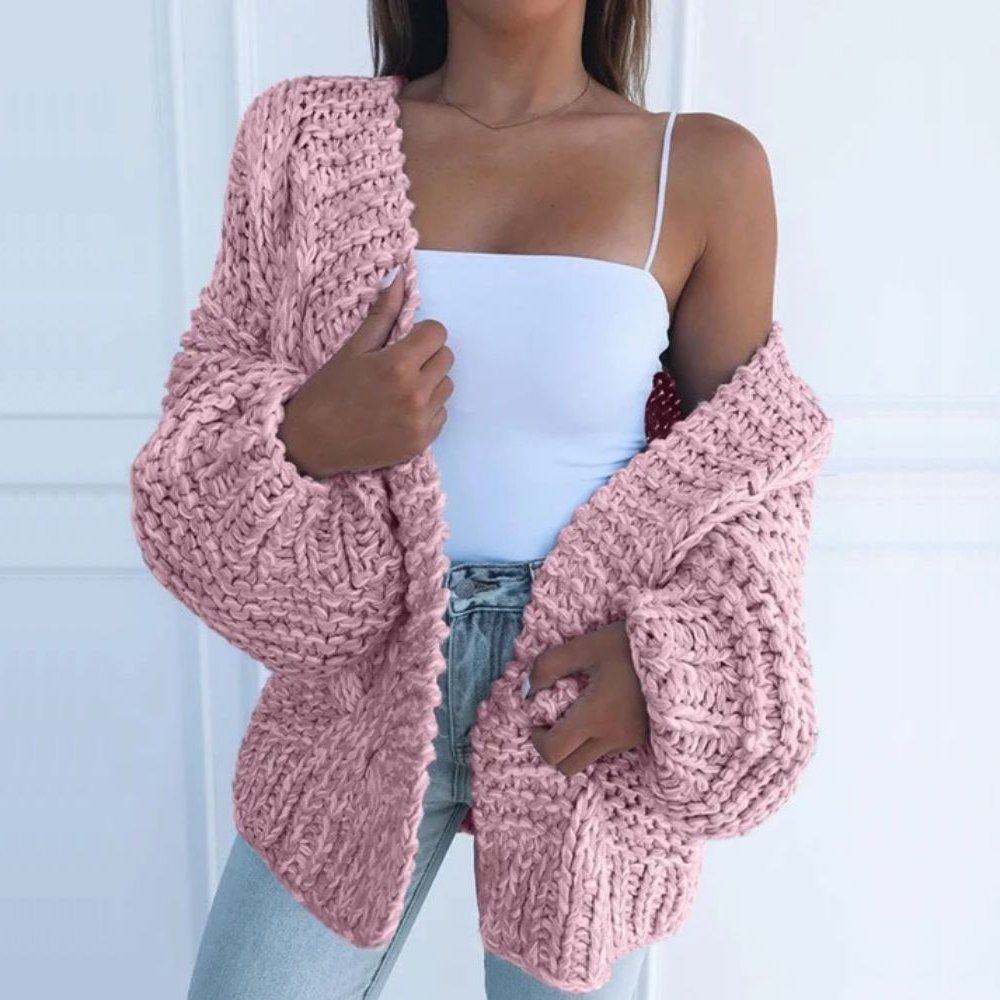 Oversized Chunky Knit Cardigan with Open Front and Puff Sleeves