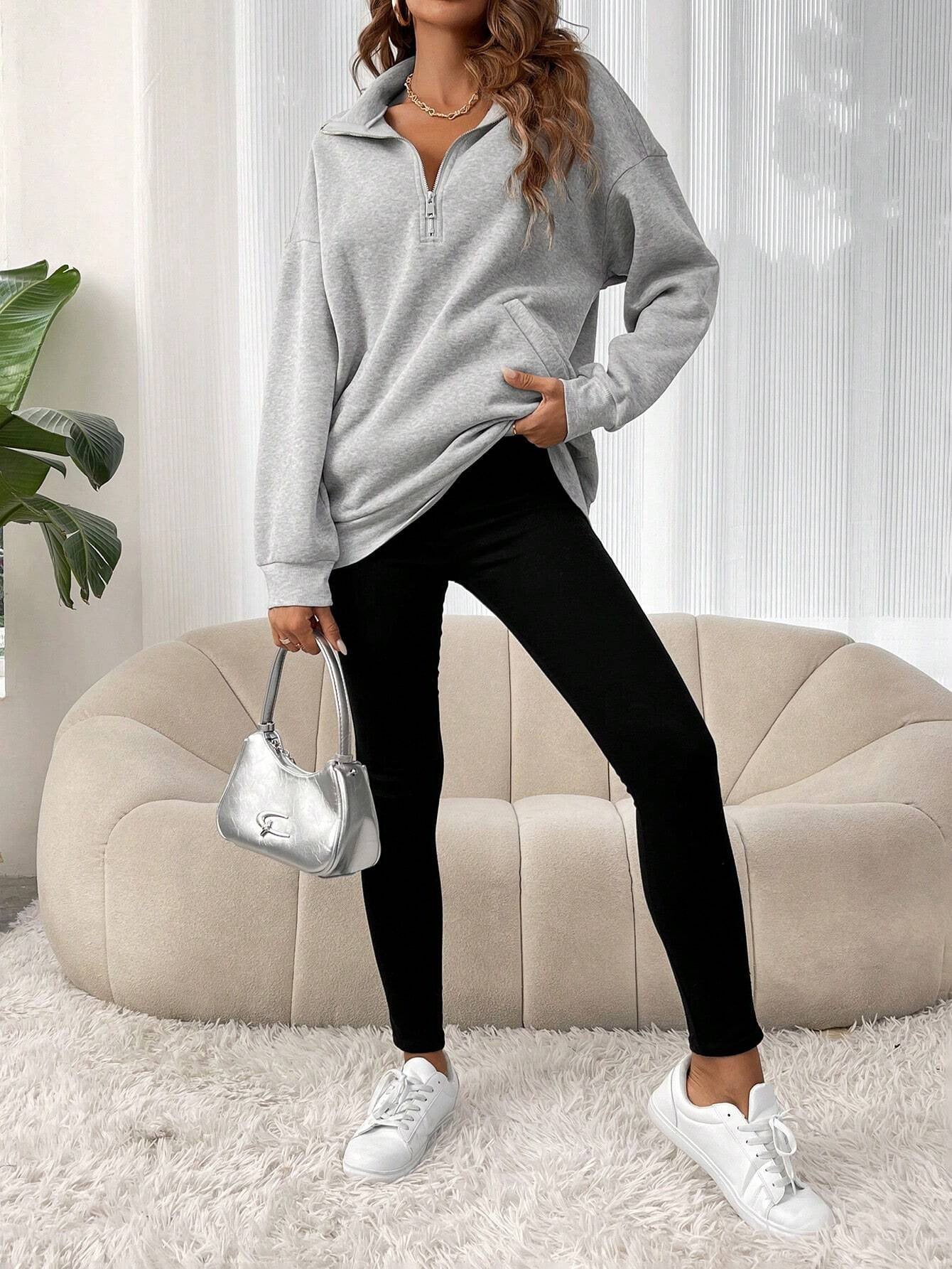 Oversized Half Zip Sweatshirt with Collar and Kangaroo Pocket