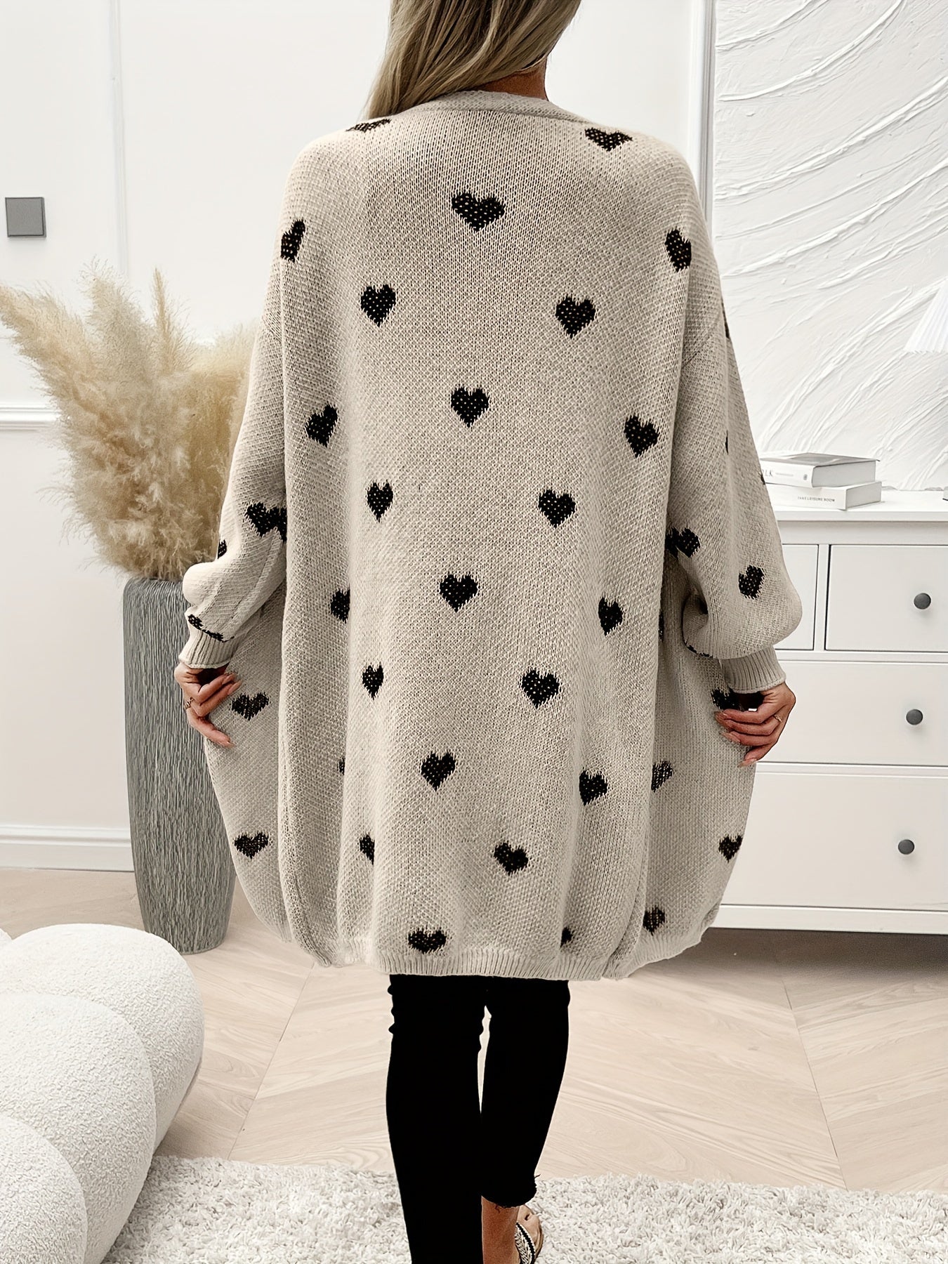Oversized Khaki Heart Print Knit Cardigan with Open Front