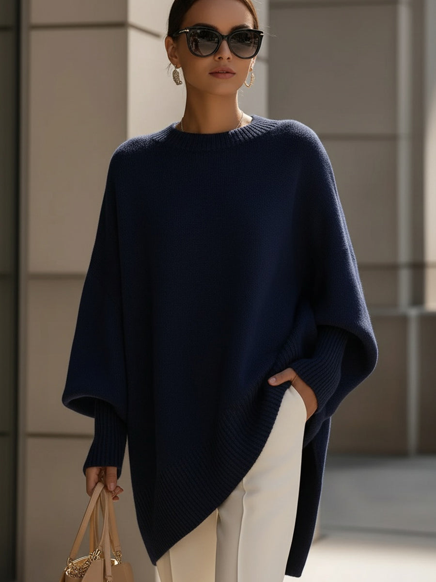 Oversized Knit Poncho Sweater with Wide Sleeves and Asymmetric Hem