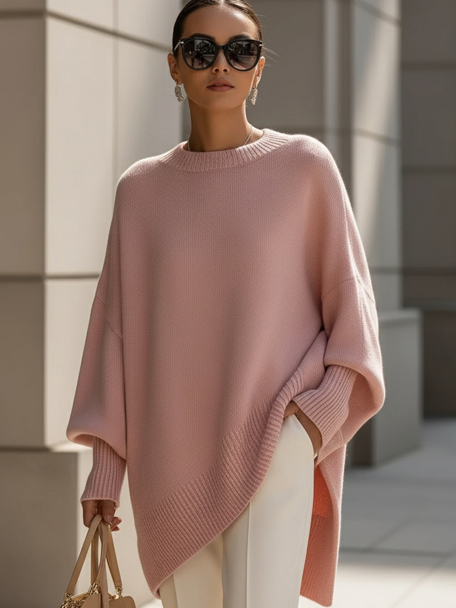 Oversized Knit Poncho Sweater with Wide Sleeves and Asymmetric Hem