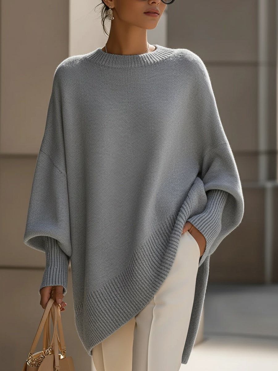 Oversized Knit Poncho Sweater with Wide Sleeves and Asymmetric Hem