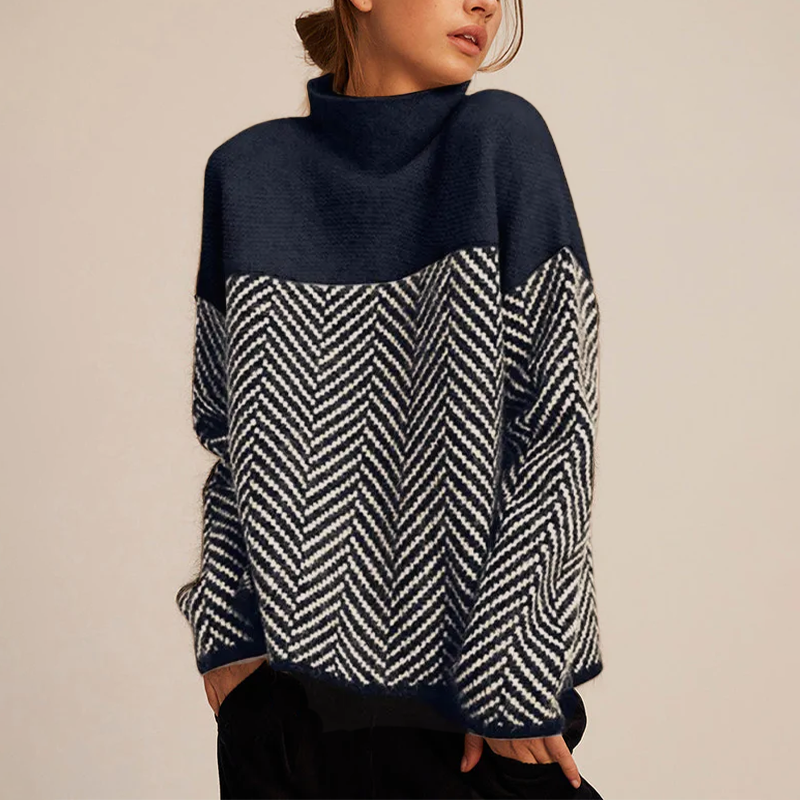Oversized Knit Sweater with Herringbone Pattern and Roll Neck