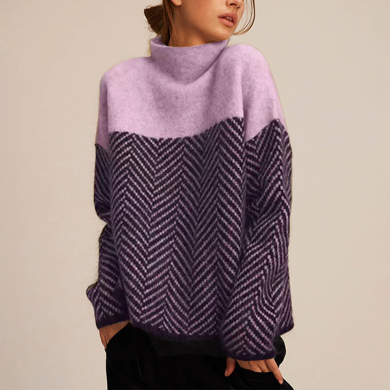 Oversized Knit Sweater with Herringbone Pattern and Roll Neck
