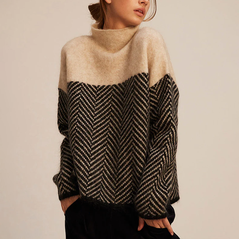 Oversized Knit Sweater with Herringbone Pattern and Roll Neck