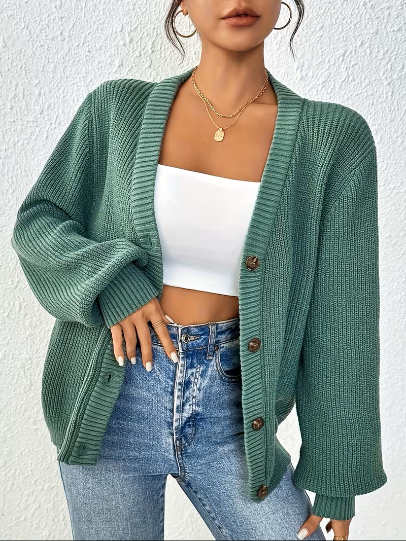 Oversized Ribbed Knit Cardigan with V-Neckline