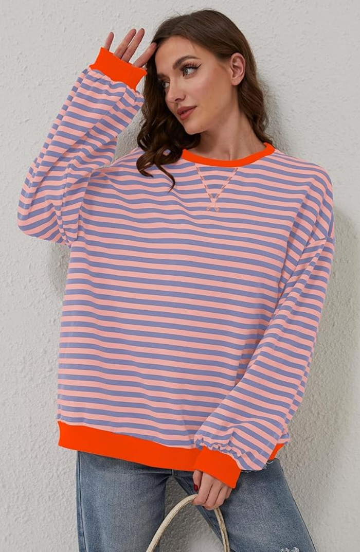 Oversized Striped Sweatshirt with Contrast Trim and Drop Shoulders