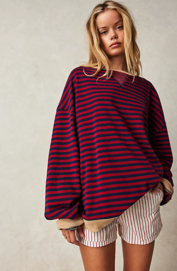 Oversized Striped Sweatshirt with Contrast Trim and Drop Shoulders