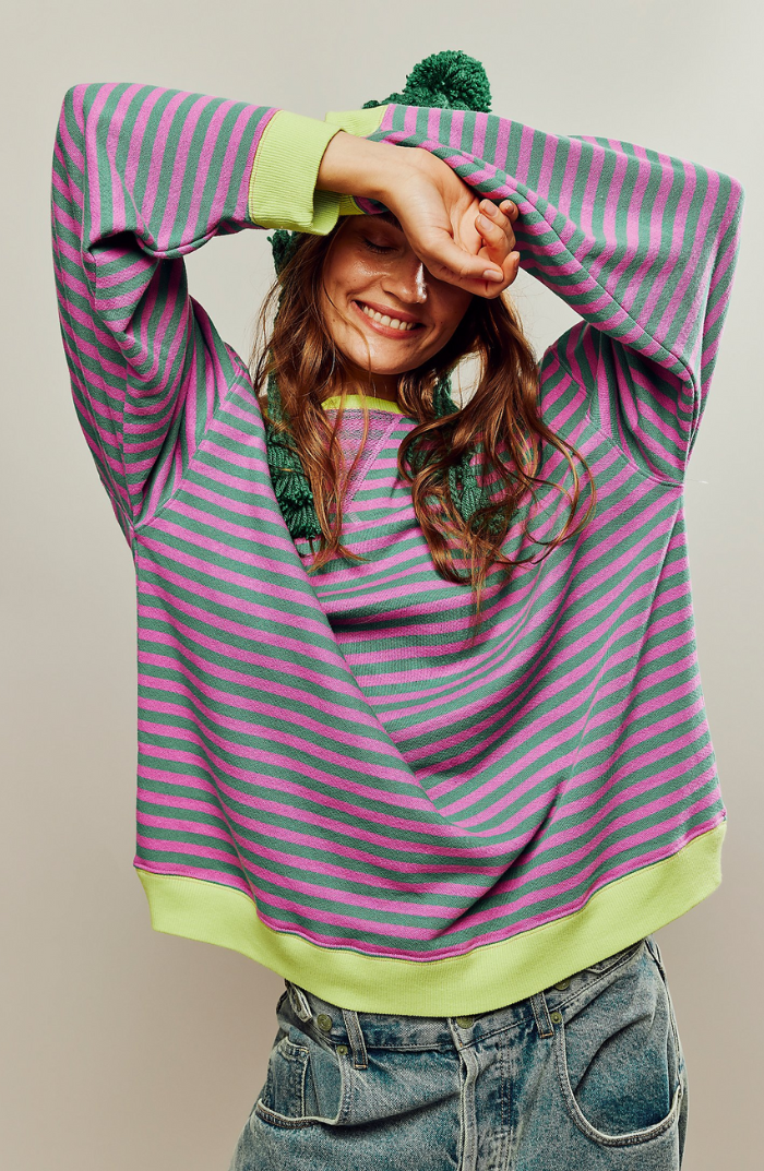 Oversized Striped Sweatshirt with Contrast Trim and Drop Shoulders
