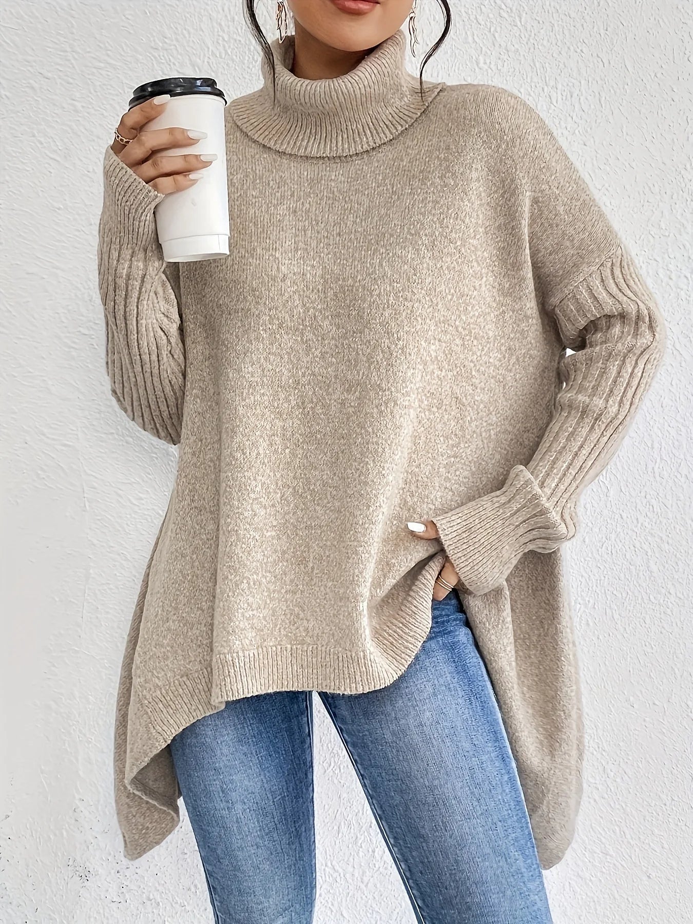 Oversized Turtleneck Sweater with Asymmetric Hem and Side Splits