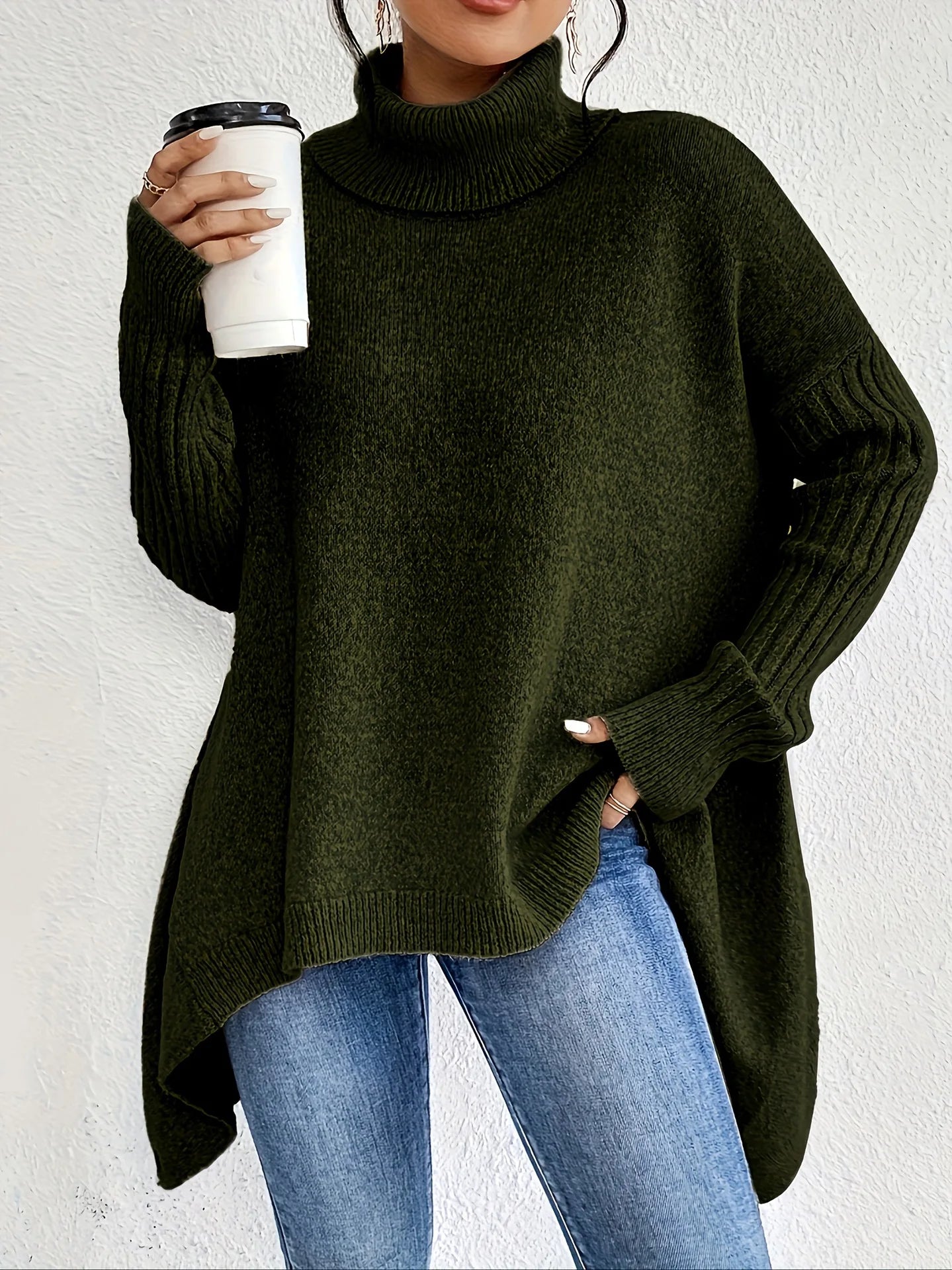 Oversized Turtleneck Sweater with Asymmetric Hem and Side Splits