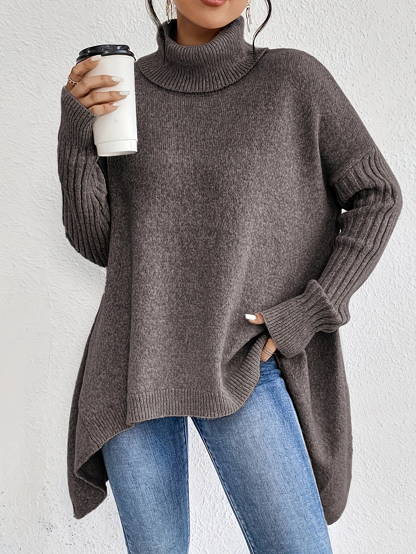 Oversized Turtleneck Sweater with Asymmetric Hem and Side Splits