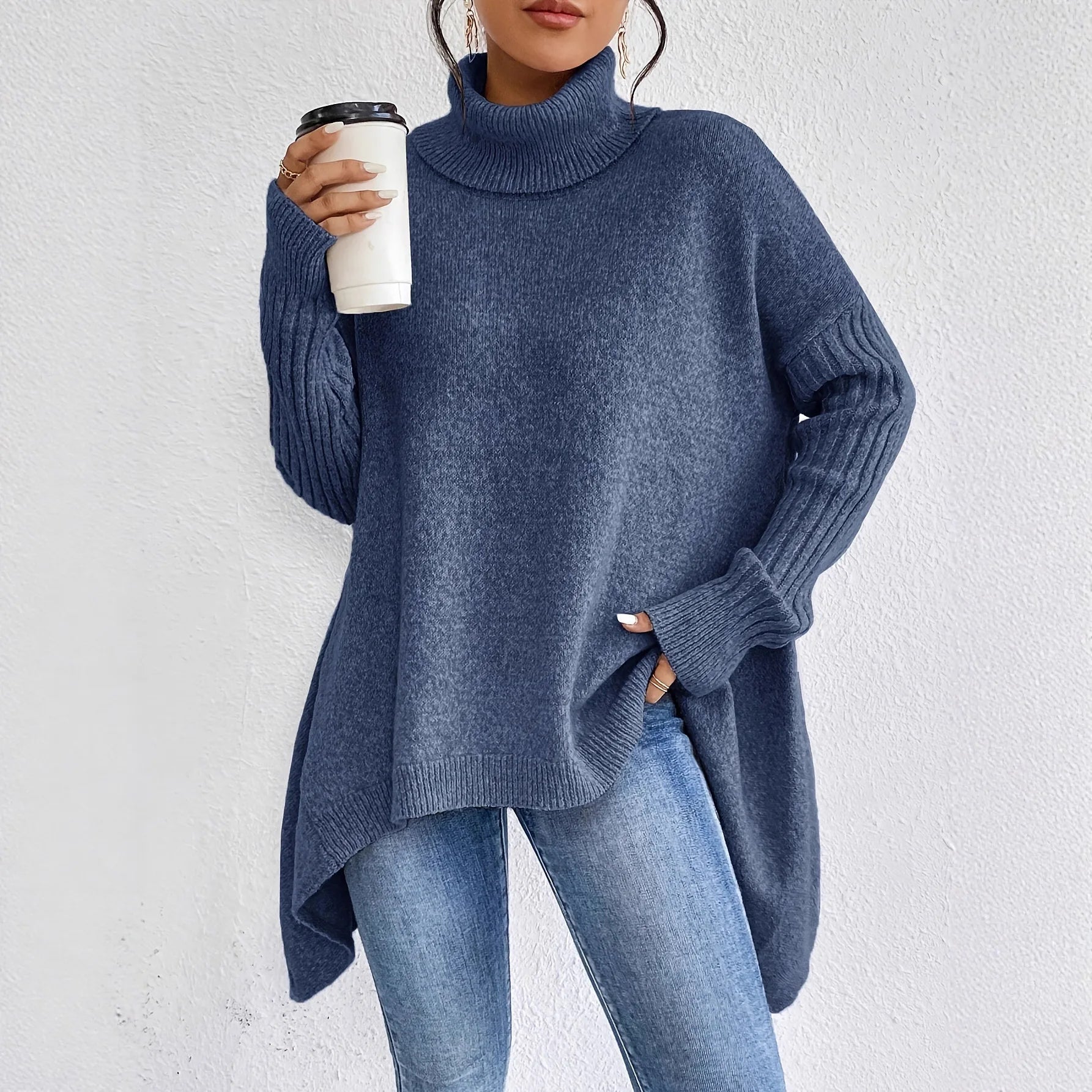 Oversized Turtleneck Sweater with Asymmetric Hem and Side Splits