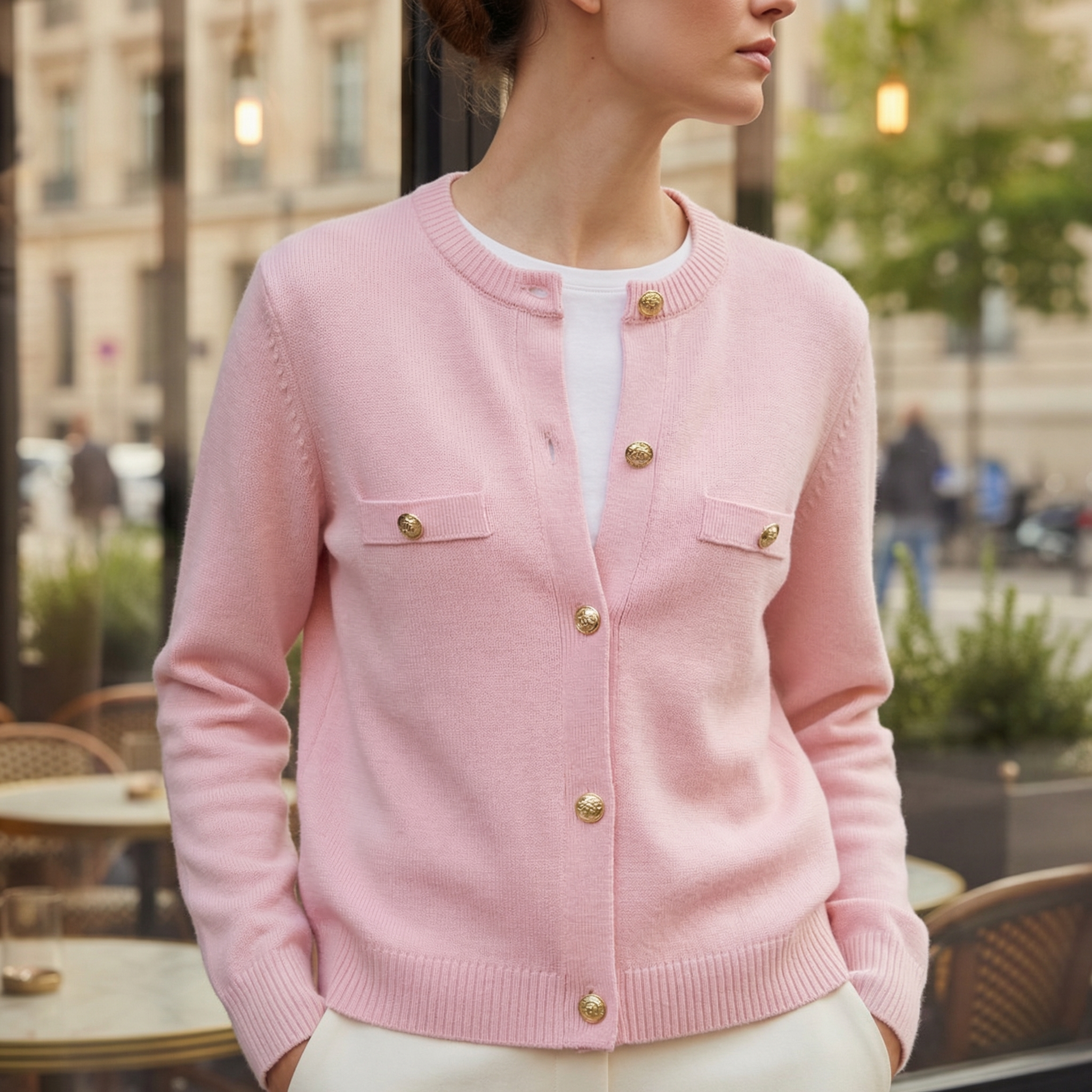 Polished Knit Cardigan with Gold Buttons and Chest Pockets