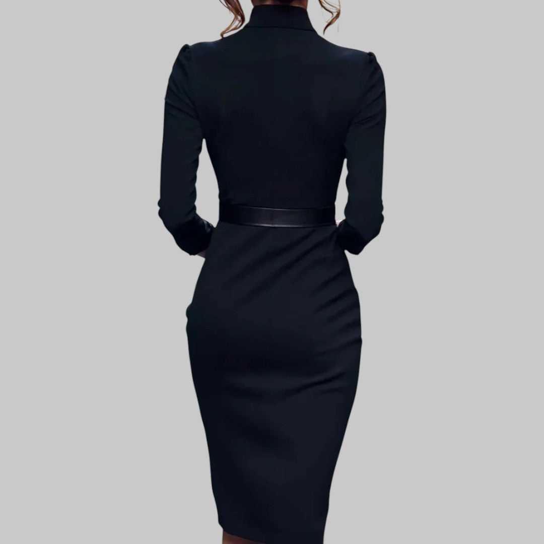 Refined Collar Belted Sheath Midi Dress – Elegant Office & Evening Wear