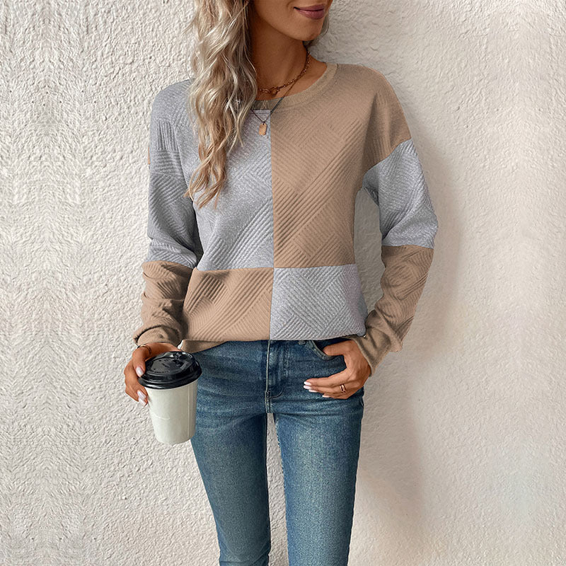 Relaxed Colour Block Sweatshirt with Check Pattern and Round Neck