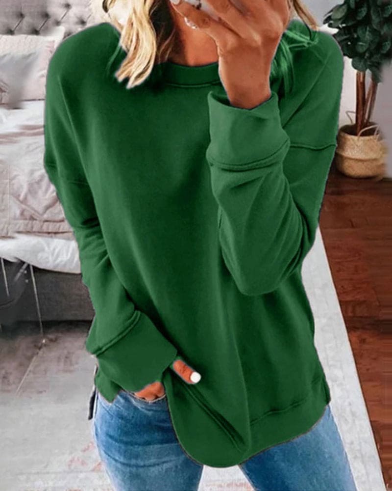 Relaxed Crew Neck Sweatshirt with Curved Hem and Side Slits