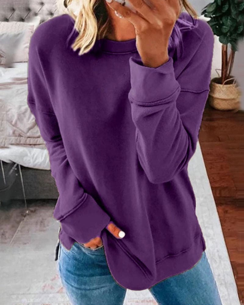 Relaxed Crew Neck Sweatshirt with Curved Hem and Side Slits