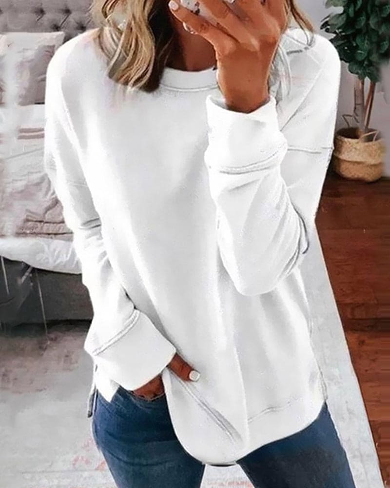 Relaxed Crew Neck Sweatshirt with Curved Hem and Side Slits