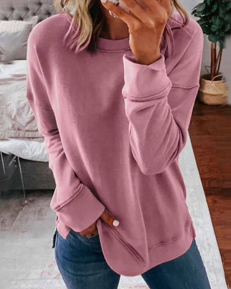 Relaxed Crew Neck Sweatshirt with Curved Hem and Side Slits