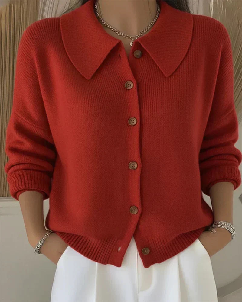 Relaxed Knit Cardigan with Wide Collar and Wood-Tone Buttons