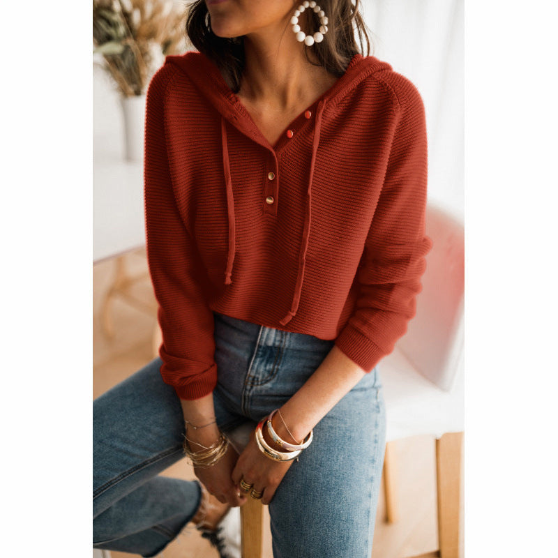 Relaxed Knit Hoodie Sweater with Button Henley Neckline