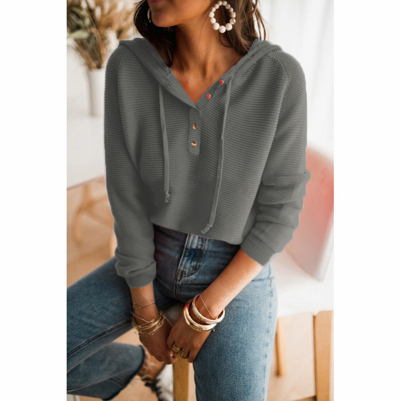 Relaxed Knit Hoodie Sweater with Button Henley Neckline