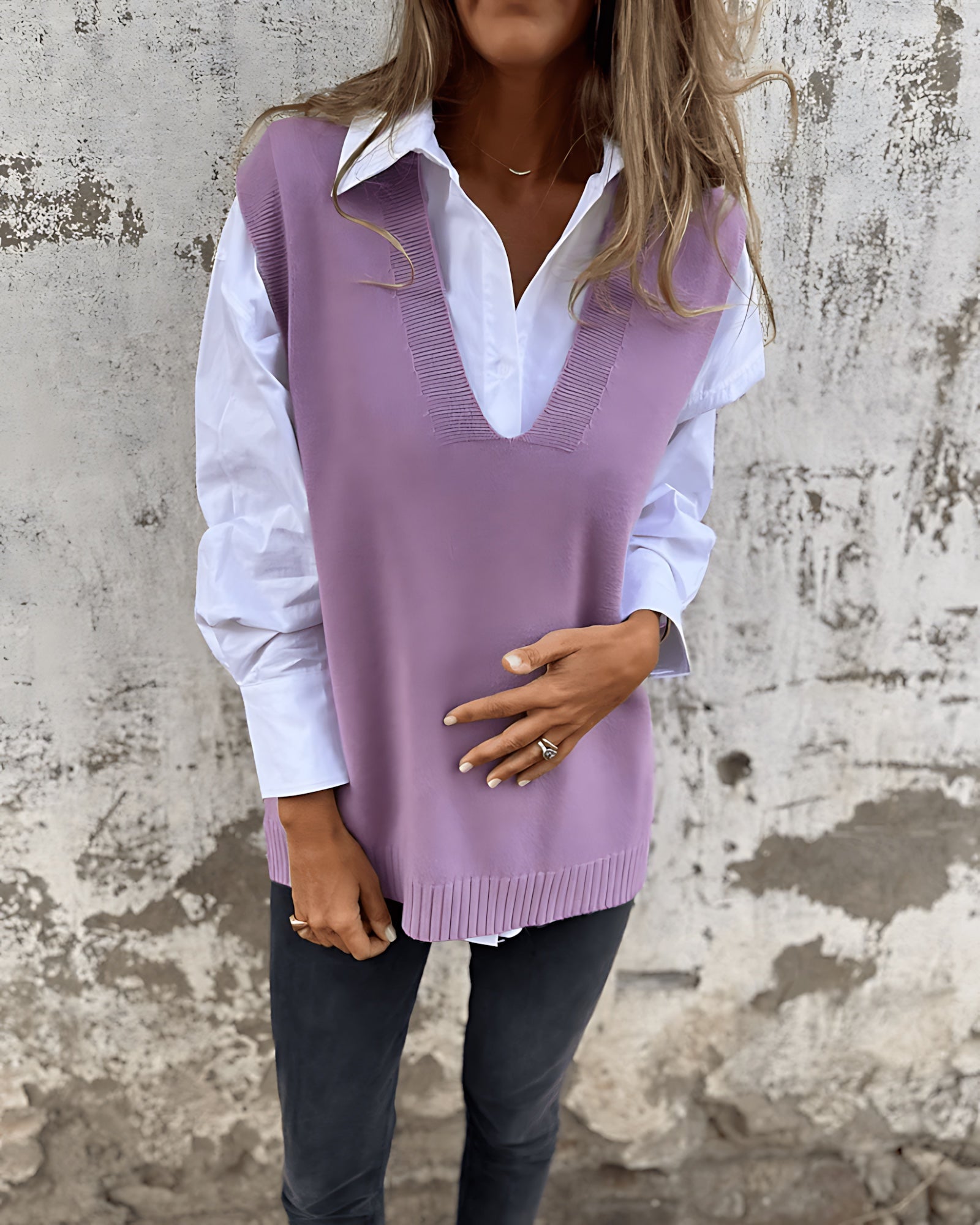 Relaxed Knit Sweater Vest with Deep V-Neckline and Ribbed Trim