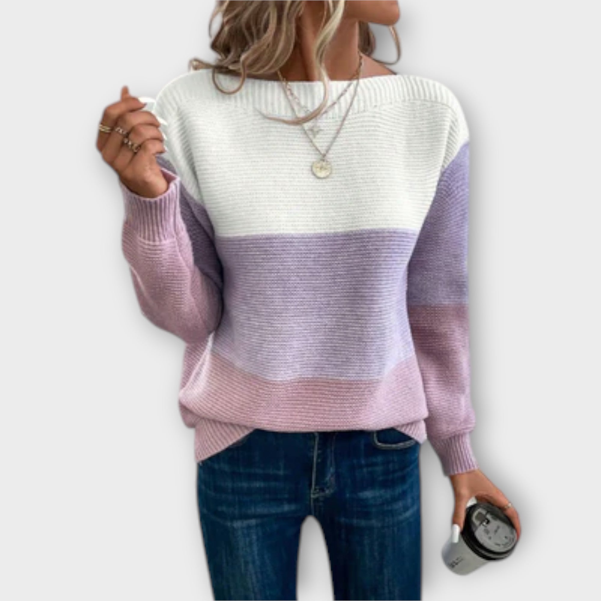 Relaxed Knit Sweater with Colour Block Stripe Pattern